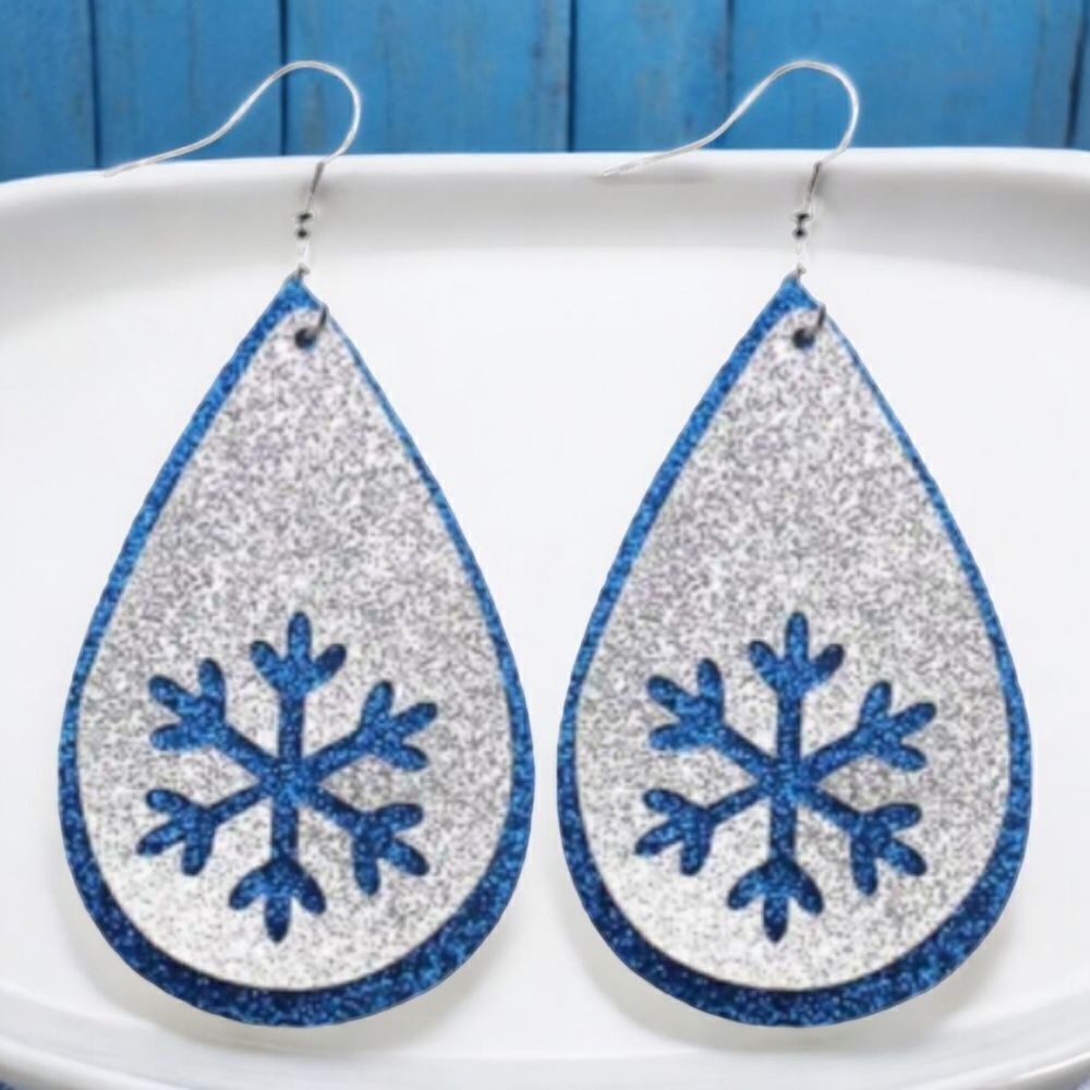 Holiday Earrings 🎄Blue/Silver Glitter Snowflake Leather Dangle Drop Ear Jewelry